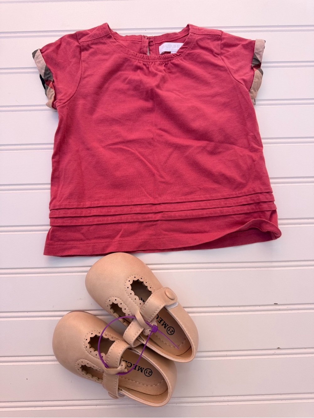 Burberry Rose Short-Sleeve Tee with Signature Plaid Sleeve Trim